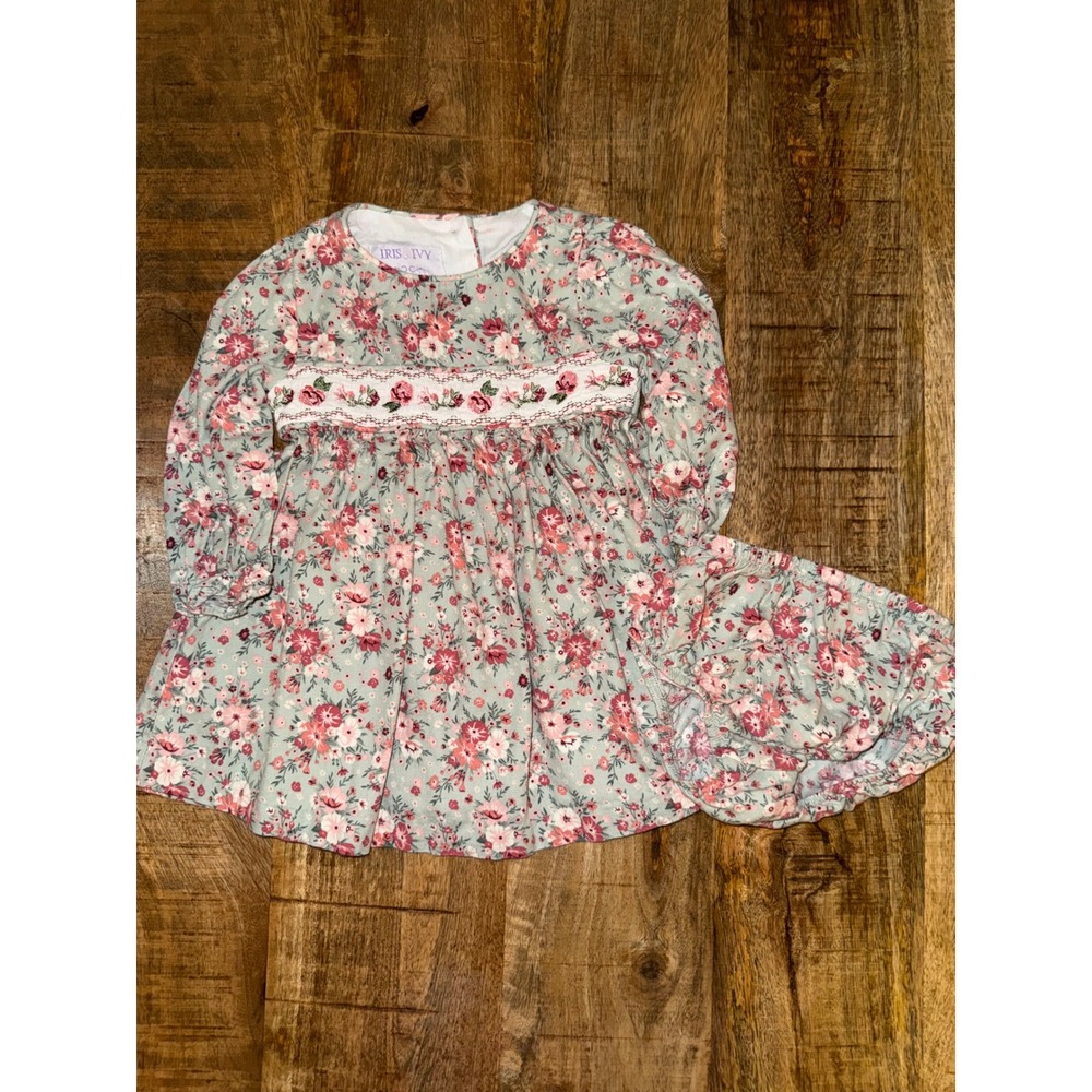 Iris & Ivy Baby Girls Sage Green Floral Smocked Dress Set 12m